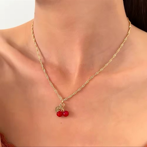 Anthropologie Petite Cherry Red Gold Necklace - Picture 1 of 14
